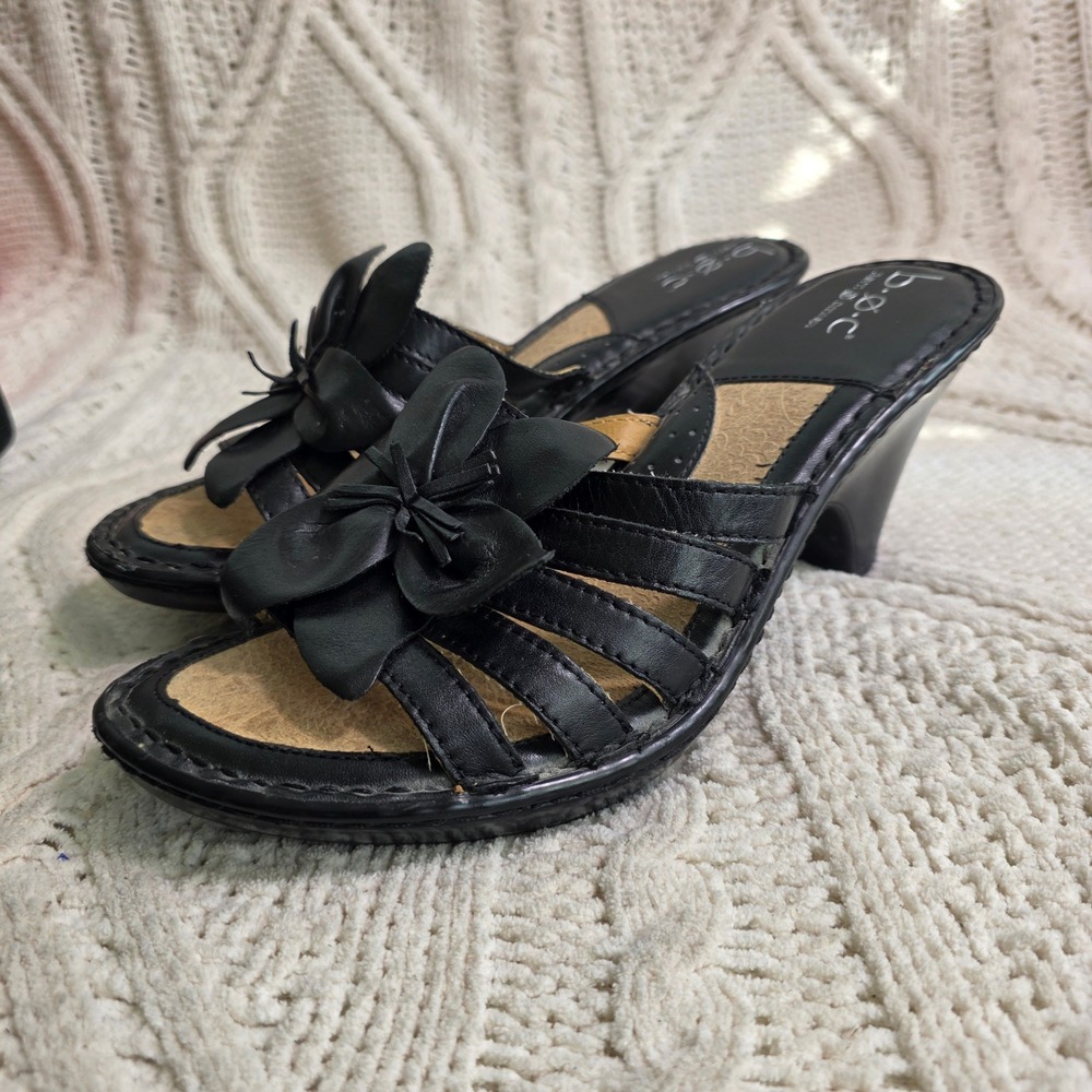 b.o.c Born Concept Flower Wedge‎ Sandals Black Leather Women 10 Excellent